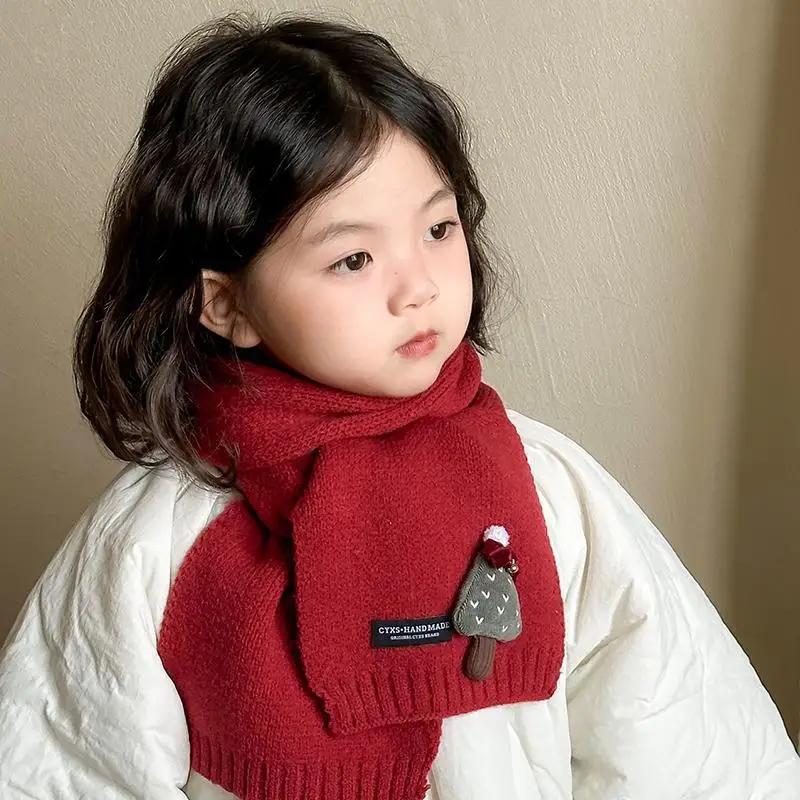 Red Christmas New Year Scarf For Children Student Winter Cute Cartoon Warm Thickened Knitted Scarves Girls Boys Scarf New Gift