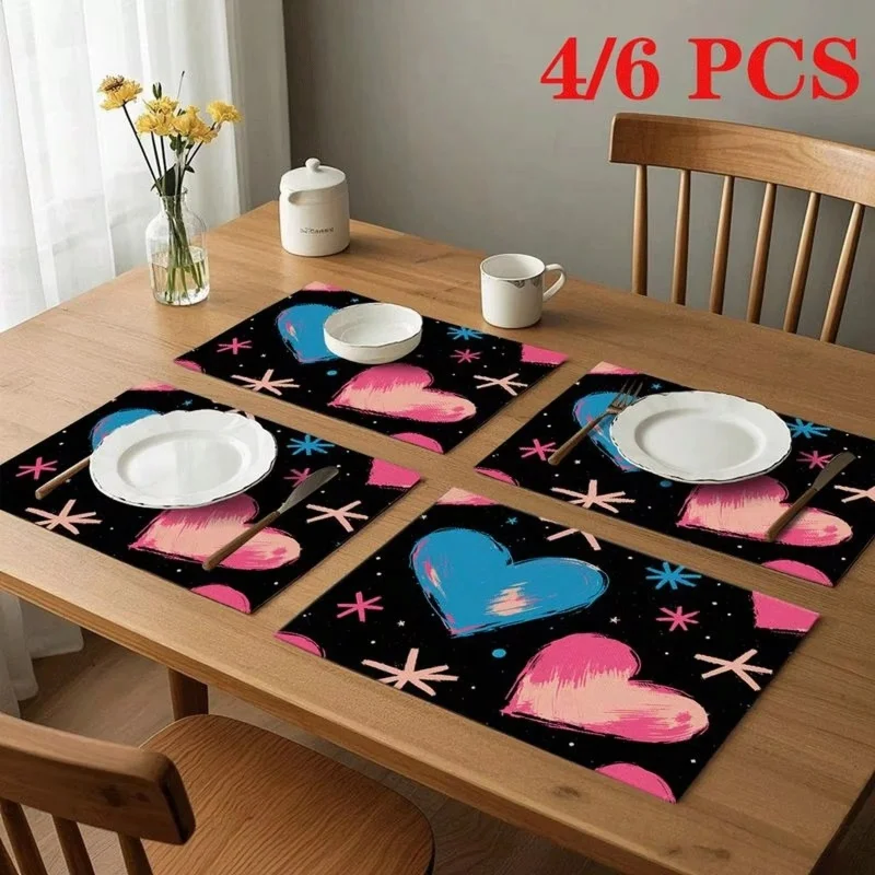 Valentine Red Rose Heart Buffalo Plaid Linen Placemats Romantic Wedding Heat‑Resistant Kitchen Table Decor Mats