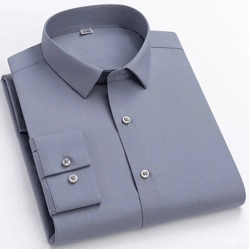 Chemises à manches longues en fibre de bambou pour hommes, chemise formelle coupe couvertes, vêtements élastiques anti-rides, monochromatique,