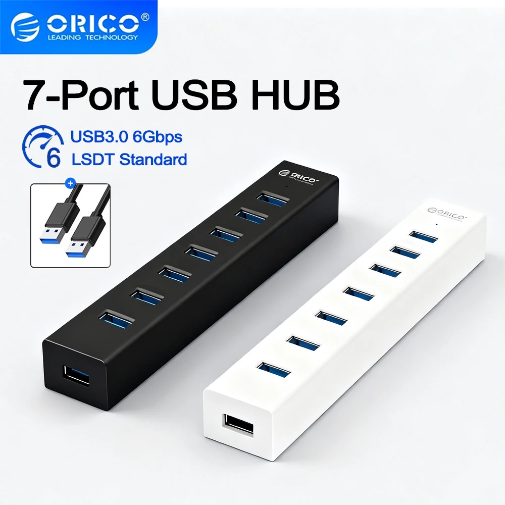 

ORICO 7-портовый USB-концентратор USB3.0 с опциями черного или белого цвета и адаптером питания для ПК, портативных компьютеров, аксессуаров