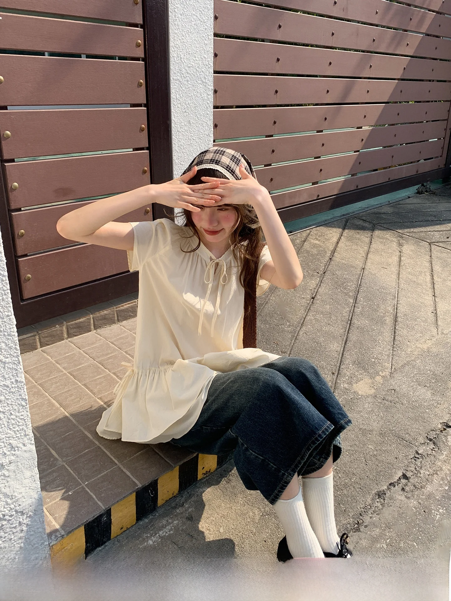 

Casual Style Baked Cake Print Shirt with Pleated Ruffle Hem Drawstring And Bow Design Short Sleeve Women's Summer Top