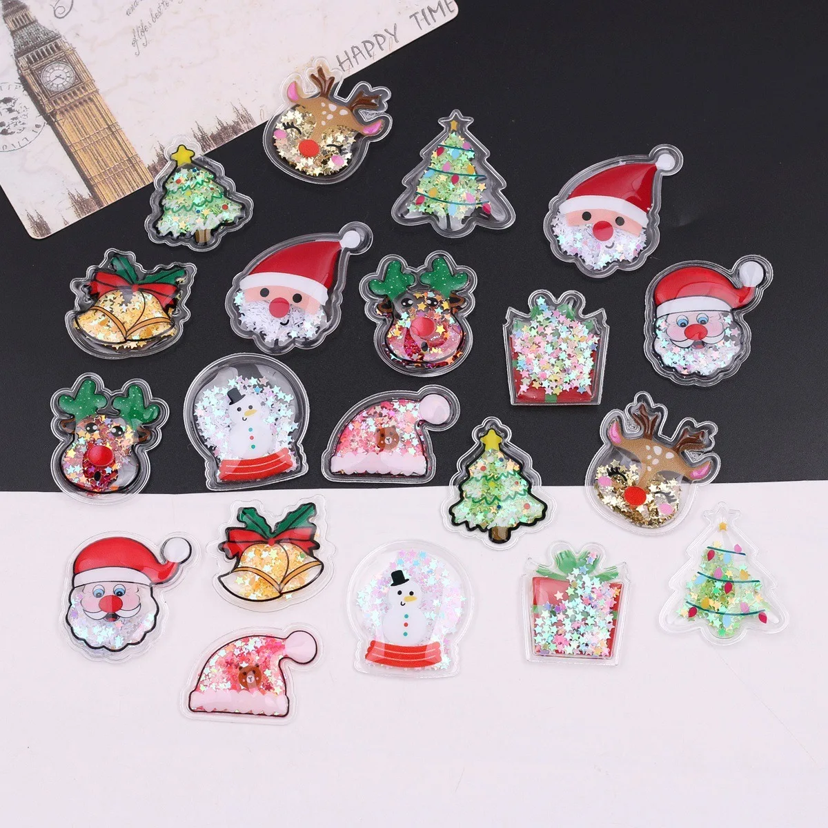50pcs Random Christmas Style Glitter Flowing Santa Claus Reindeer Multiple Shapes Handmade Diy Holiday Decoration Card Materials