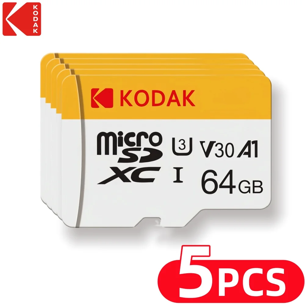 Scheda microSD KODAK (2024) + adattatore SD, 1 TB, Full HD e 4K UHD, lettura 100 MB/s, scrittura 130 MB/s, scheda di memoria 64 GB-Bianco-5 pezzi