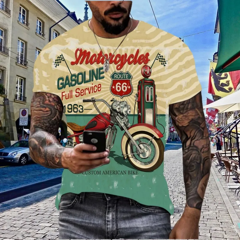 Vintage Classic Motorcycle 3d Printed Summer Men\'s T-Shirt Street Style Personality Trend Fashion Short Sleeve O Neck Loose Top