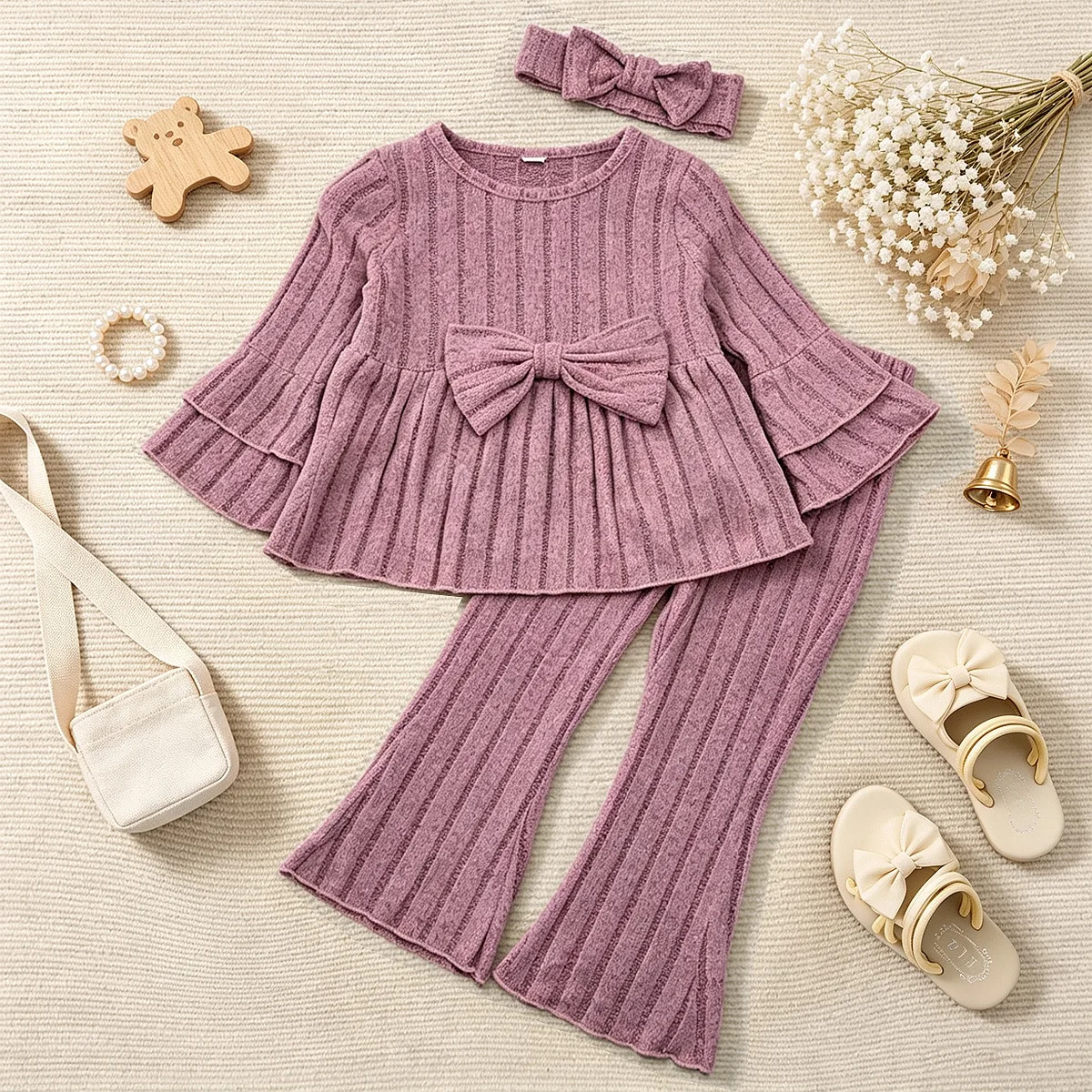 Girl Strip Three Price Sets New Clothing Bowknot Flare Long Sleeve and Bell-bottoms and Hairband Three Price Sets