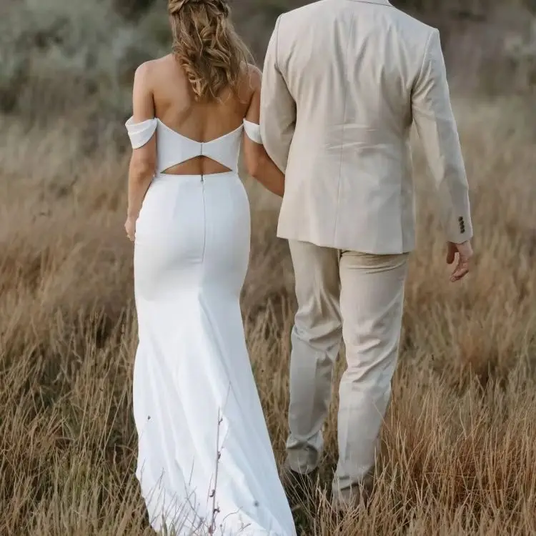 Simple Woman Wedding Gowns Bardot Sleeve Backless Bridal Fish Tail Dress Bridesmaid Dres White Sheath/Column Trailing Dress