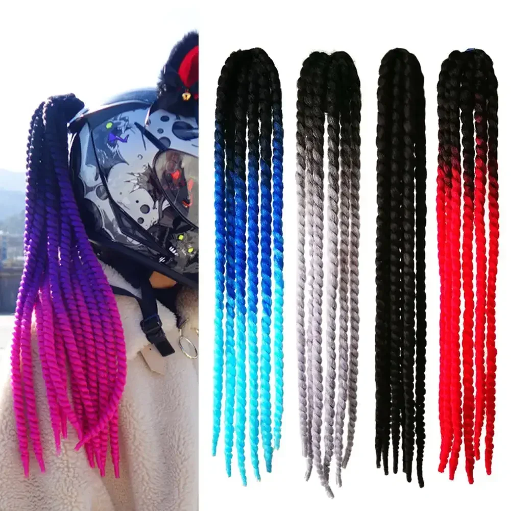 Womens Mens Helmet Twist Braids Motorcycle Ponytail Dirty Gradient Ramp Hair Punk Biker Helmet Decoration 55cm with Sucker