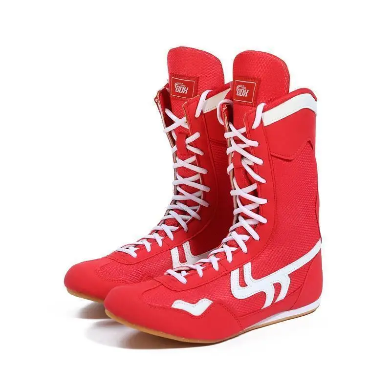 

2024 Mens Womens High Top Professional Wrestling Shoes Size 33-45 Lightweight Boxing Sneakers Kids Gym Training Fight Boots Red