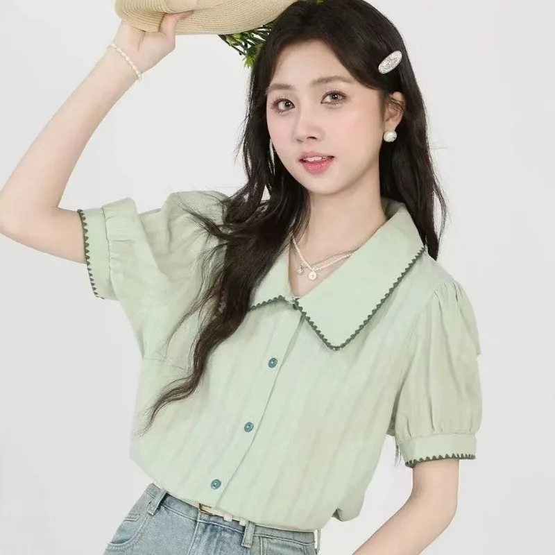 

Women Summer Fashion Temperament Solid Color Peter Pan Collar Short Sleeve Shirts Ladies Simplicity Office Lady All-match Tops