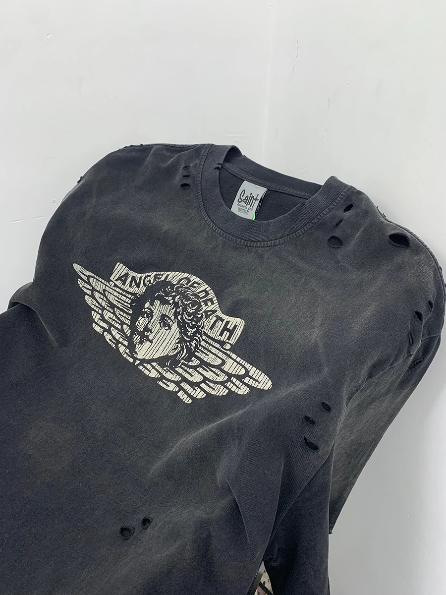 

Saint Angel Limited American High Street Trendy Brand Heavyweight Hole Couple Loose Casual Pure Cotton ort Sve T-irt Men