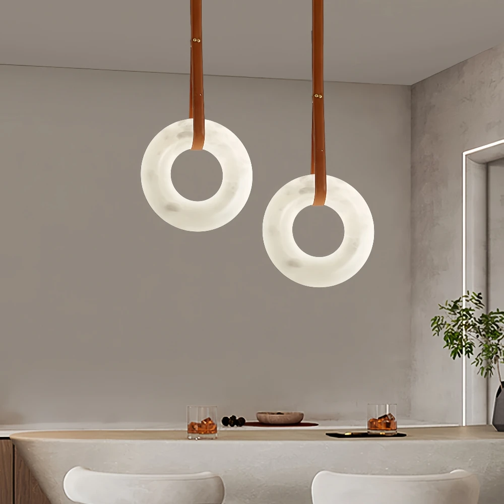 Modern  Alabaster Pendant Light Nordic Creative Ring Hanging Lamp with Leather Strap for Bedroom Bedside Dining Room Bar Hotel