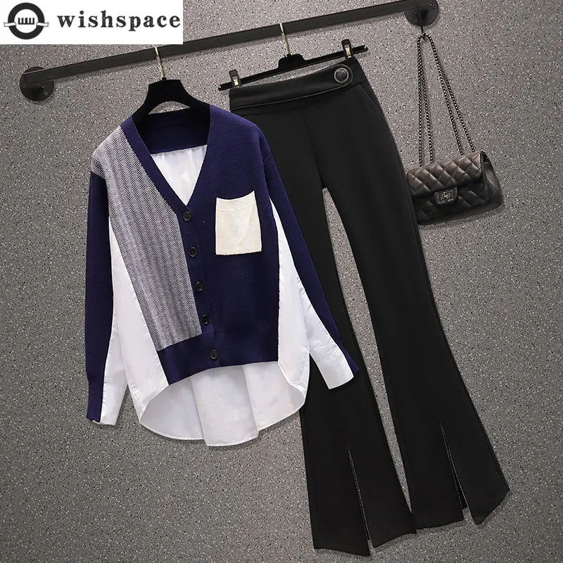 Fashion Stitching Elegant Women's Pants Set Personalized Leisure Chiffon Shirt Wide Leg Pants Two-piece Set Female Tracksuit