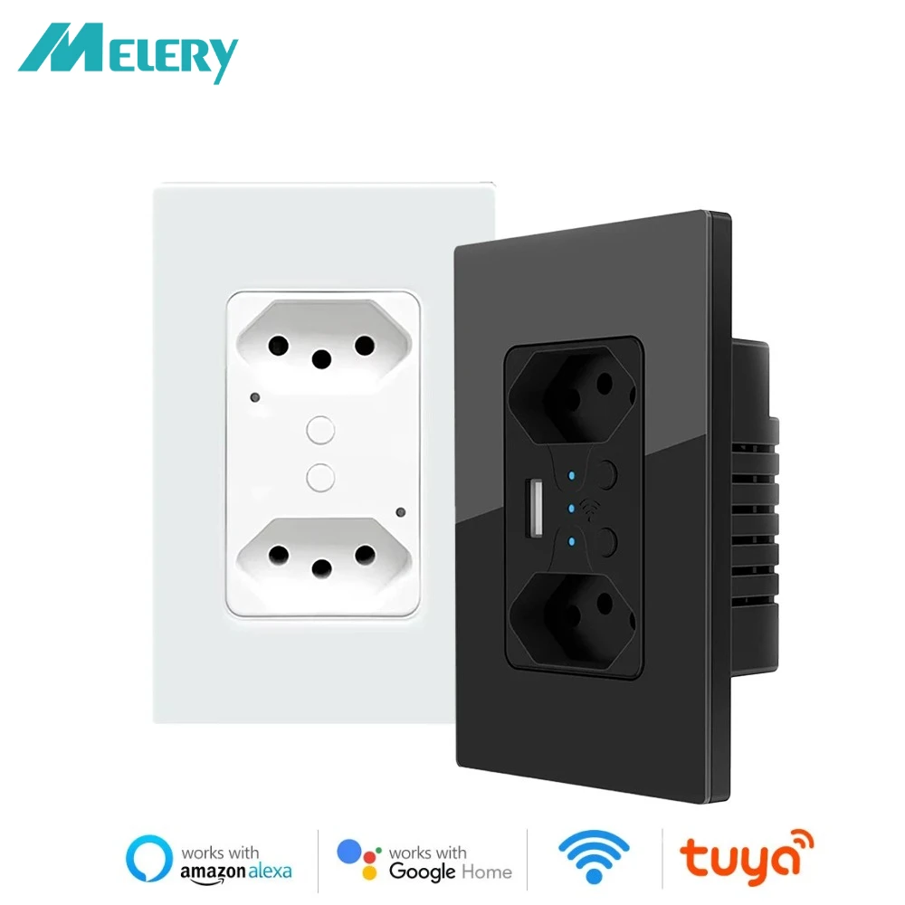 

Melery WiFi Brazil Tomada Настенная розетка 16A Smart Tuya Стеклянная/ПК-панель Электрические розетки Беспроводной пульт дистанционного управления от Alexa Google Home