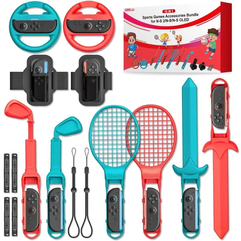 

For Switch 2 Sports Accessories Bundle 10-in-1 Family Pack with Tennis Rackets Adjustable Golf Clubs Swords for Nintendo Switch2