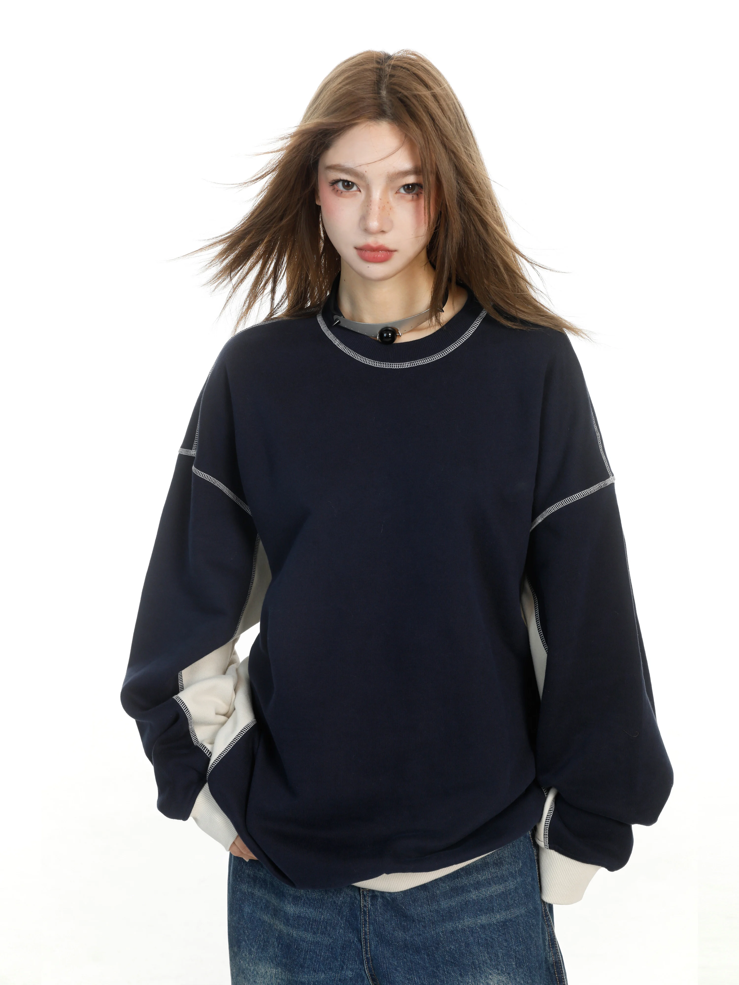 Pullover sweater crew neck women's American retro hatless splicing shoulder top spring and autumn loose medium and long couple