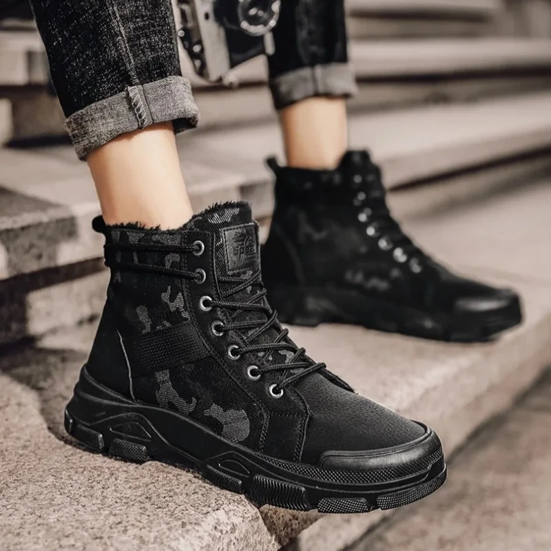 Sepatu Sneakers High-top untuk Pria, Sepatu Bot Katun Hangat Musim Dingin untuk Pria, Sepatu Kasual Kanvas Bernapas Motif Kamuflase Trendi untuk Pria, Zapatilla Hombre