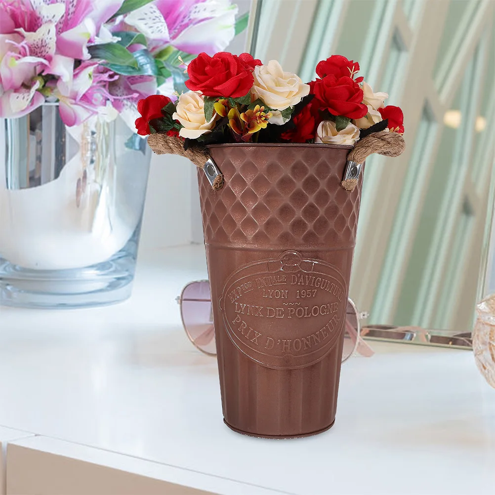 

Vintage Iron Flower Bucket For Dried Flowers Arrangement Home Office Decor Farmhouse Rustic Vase Plant Pot Container