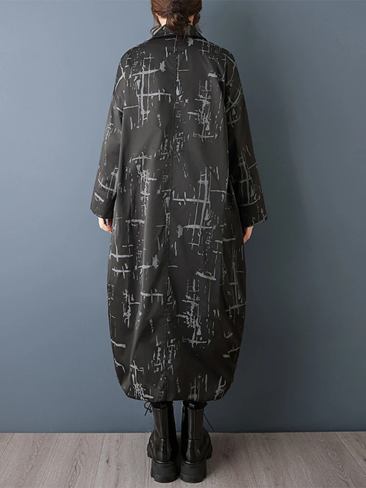 Oversized Black Vintage Print Trench Coat For Women New Long Sleeve Casual Loose Fashion Outerwear Clothes Spring Autumn 2026