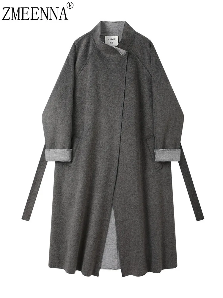 

ZMEENNA Womens Long Wool Blend Coat Oversized Gray Wrap Style Belted Stand Collar Winter Trench Jacket Raglan Sleeve ZM4278