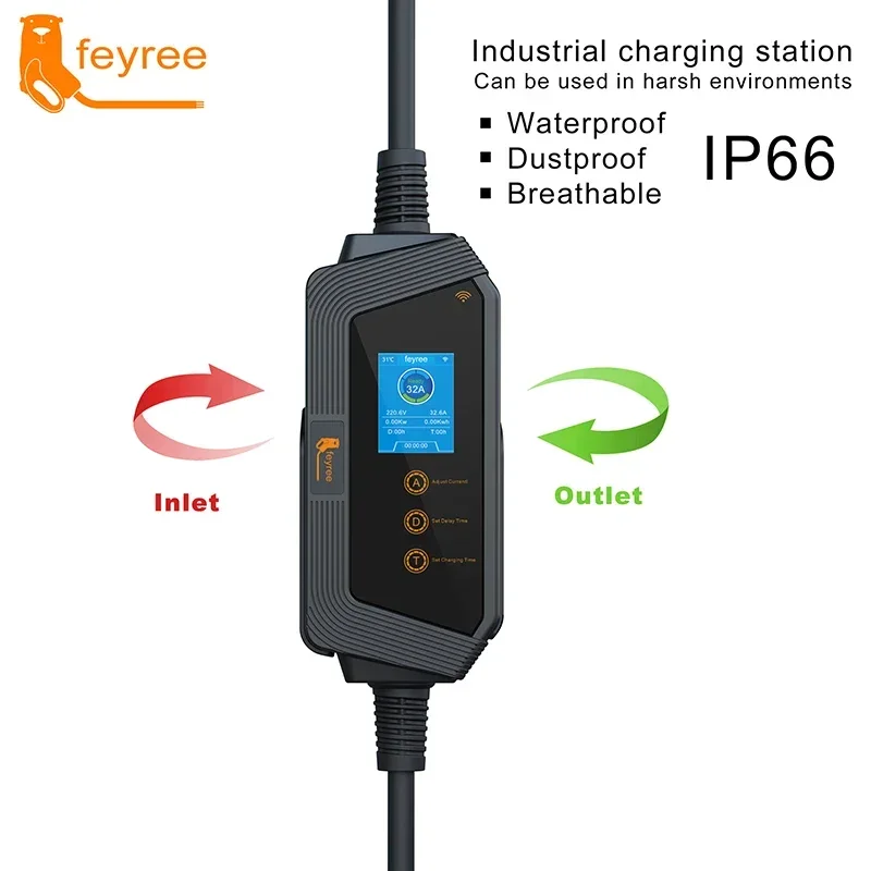 feyree Type1 Portable EV Charger 7KW 32A 1Phase J1772 Socket with 5m Cable Smart APP WIFI Control Version for Electric Vehicle