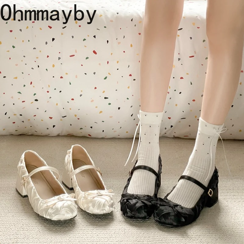 Designer Spring Thick Heel Women Mary Jane Shoes Designer Buckle Strap Pumps Ladies Eelgant Butterfly-knot Dress Single Shoes
