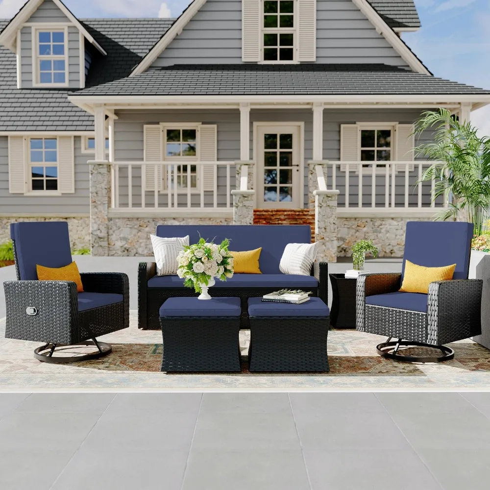

6 Piece Patio Furniture Set, Wicker Patio Conversation Sets with Swivel & Recline Chairs, Outdoor Sectional Sofa Sets with 2 Sto