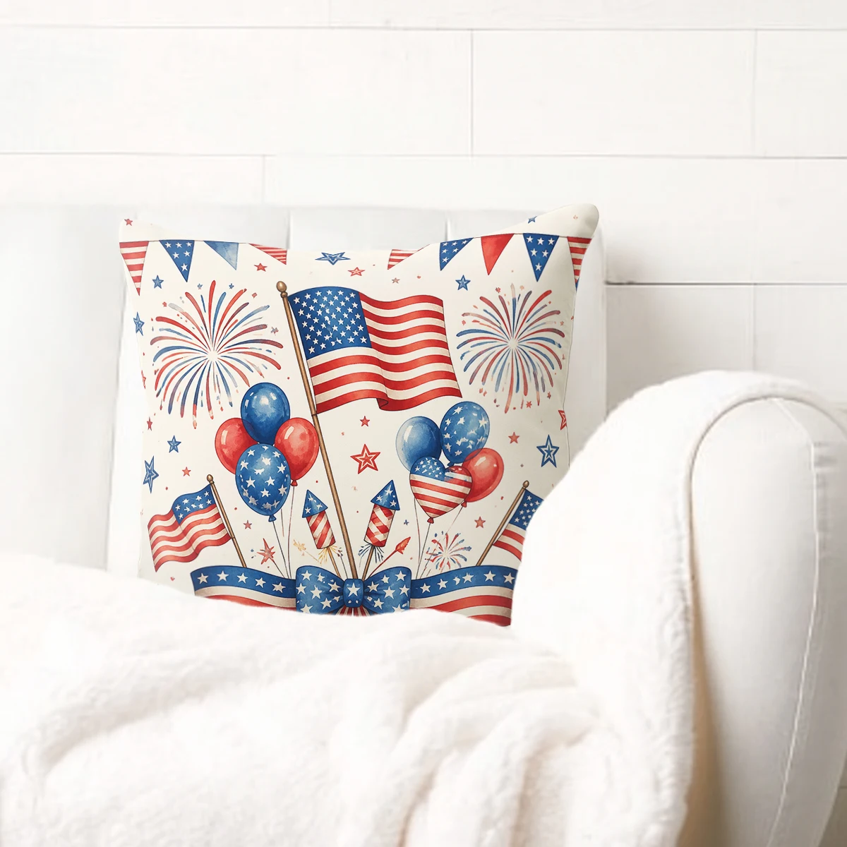 American Flag & Floral Themed Polyester Pillow Cover - Patriotic Decorative Pillow Case for Home, Sofa and Living Room