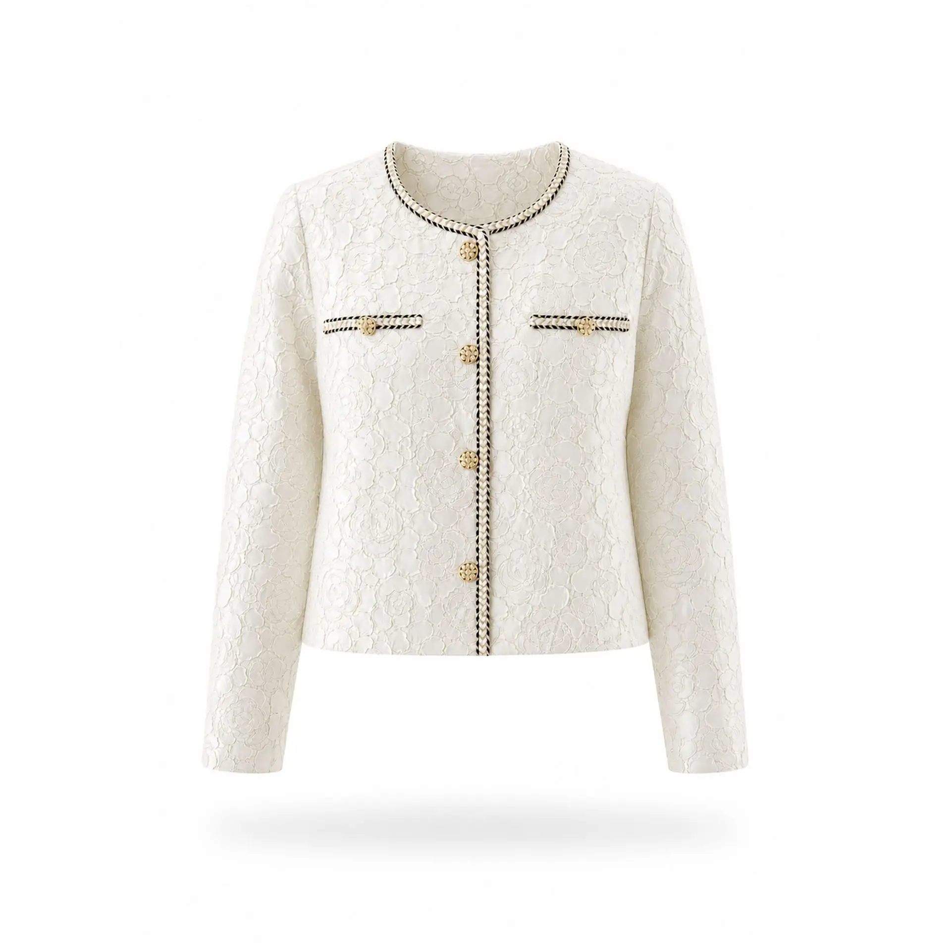 Miyake Women Round Neck Tweed Style Jacket Floral Emboss Long Sleeve Gold Button Elegant Short Coat