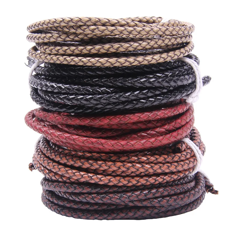 Image of 1 Meter 3 4 5 mm rund geflochtenes echtes Lederband schwarz braun Farbe Leder Seil Schnur DIY Armband Halskette Schmuckherstellung