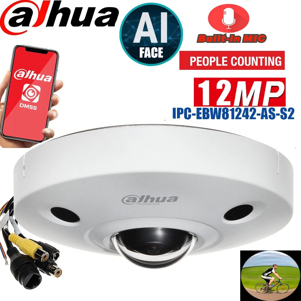 dahua mutil language IVS 12MP IPC-EBW81242-AS-S2 AI people counting IR LED H.264 +H.265+ built-in dual-array IR Fisheye camera