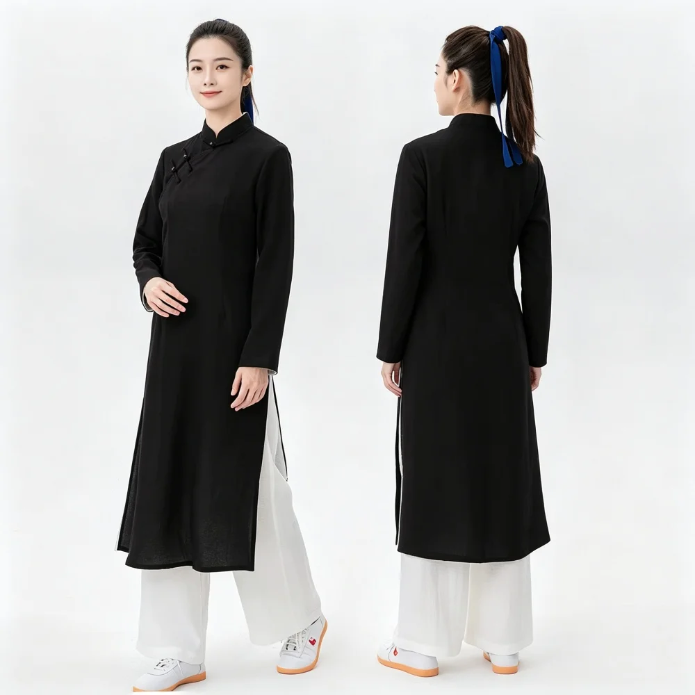 Ladies Ao Dai Style Tai Chi Clothing Set Loose Split Long Tunic Wide Pants Martial Arts Training Performance Wear