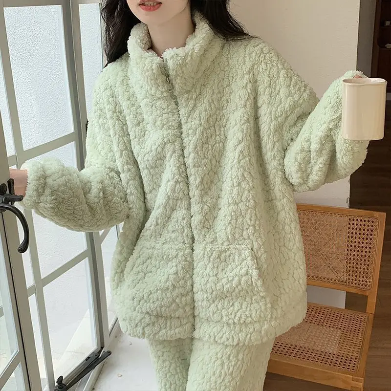 Coral Velvet Pajama Sets Women Thicker Warm Loose Stand Homewear Comfortable Sweet Winter Newest Sleepwear Simple Ulzzang Ins