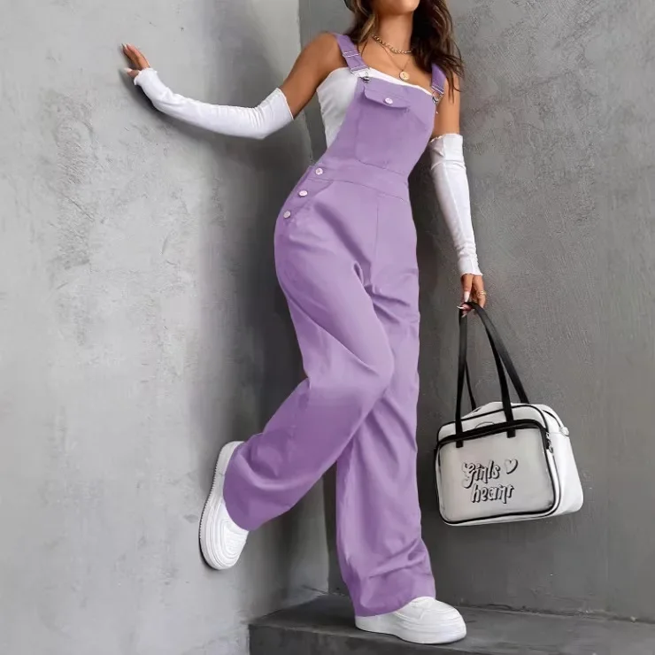 Jumpsuit Summer Vacation Seaside Retro Pocket Solid Color Straight Tooling Strap Jumpsuit Women