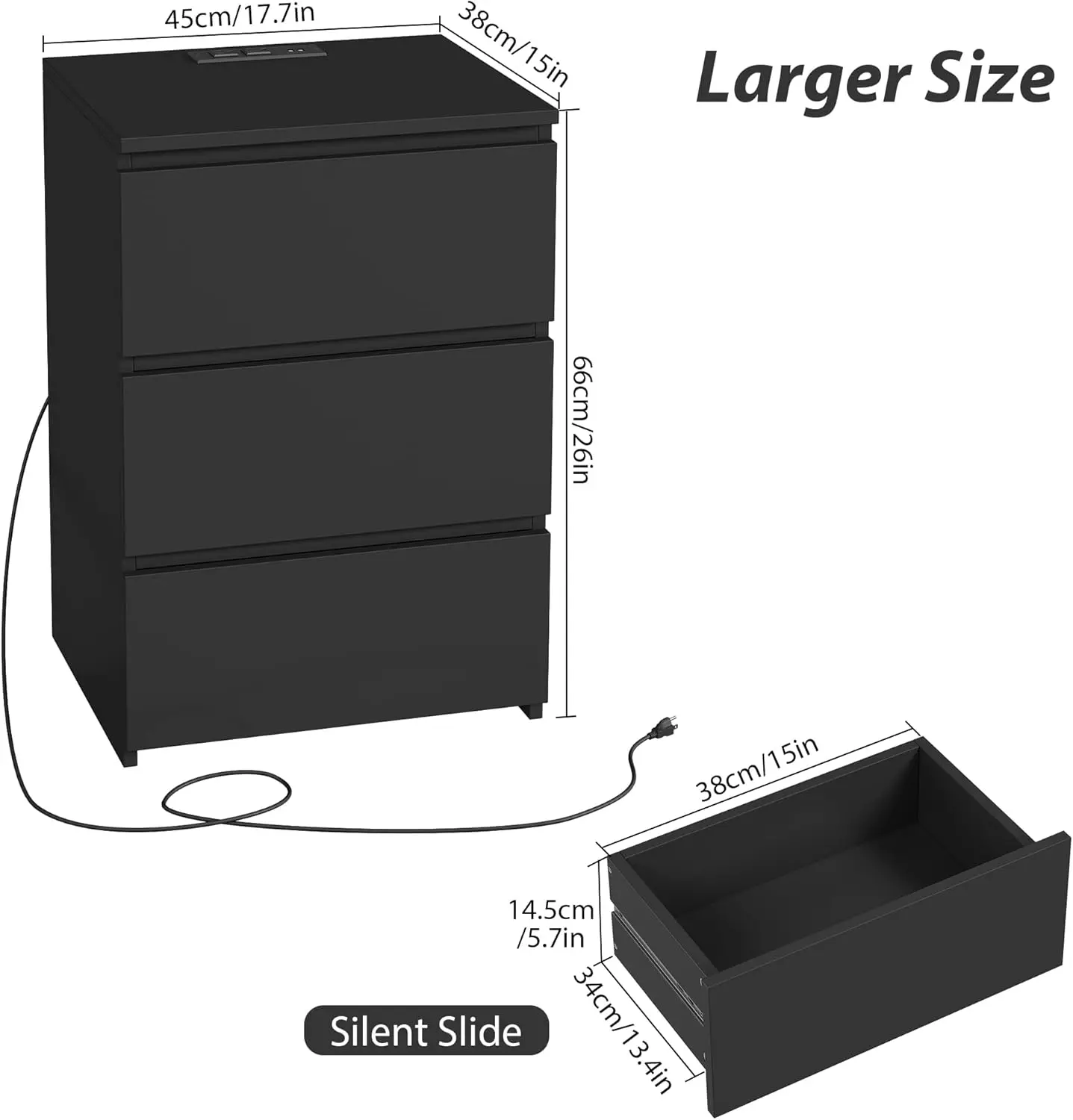 مجموعة منضدة سوداء مكونة من قطعتين مع منافذ USB ومنافذ طاقة وشرائح صامتة، 26 بوصة ارتفاعًا #3