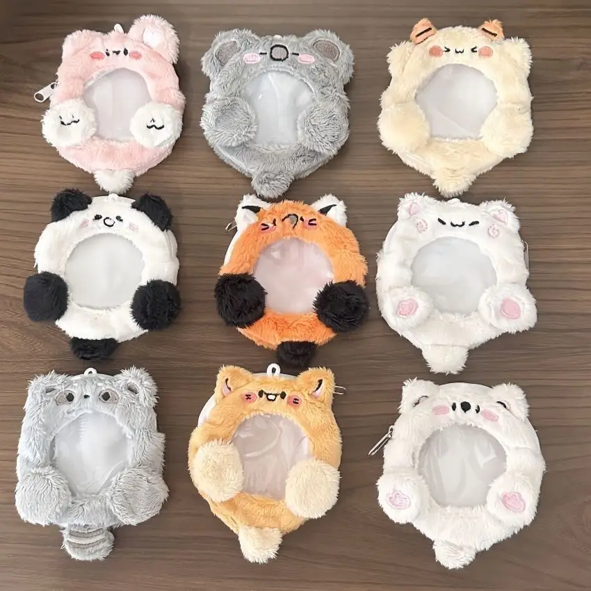 Cute Animals Plush Badge Protector Anime Characters Round Brooch Display Bag Round Photo Coin Cash Storage Student Supplies