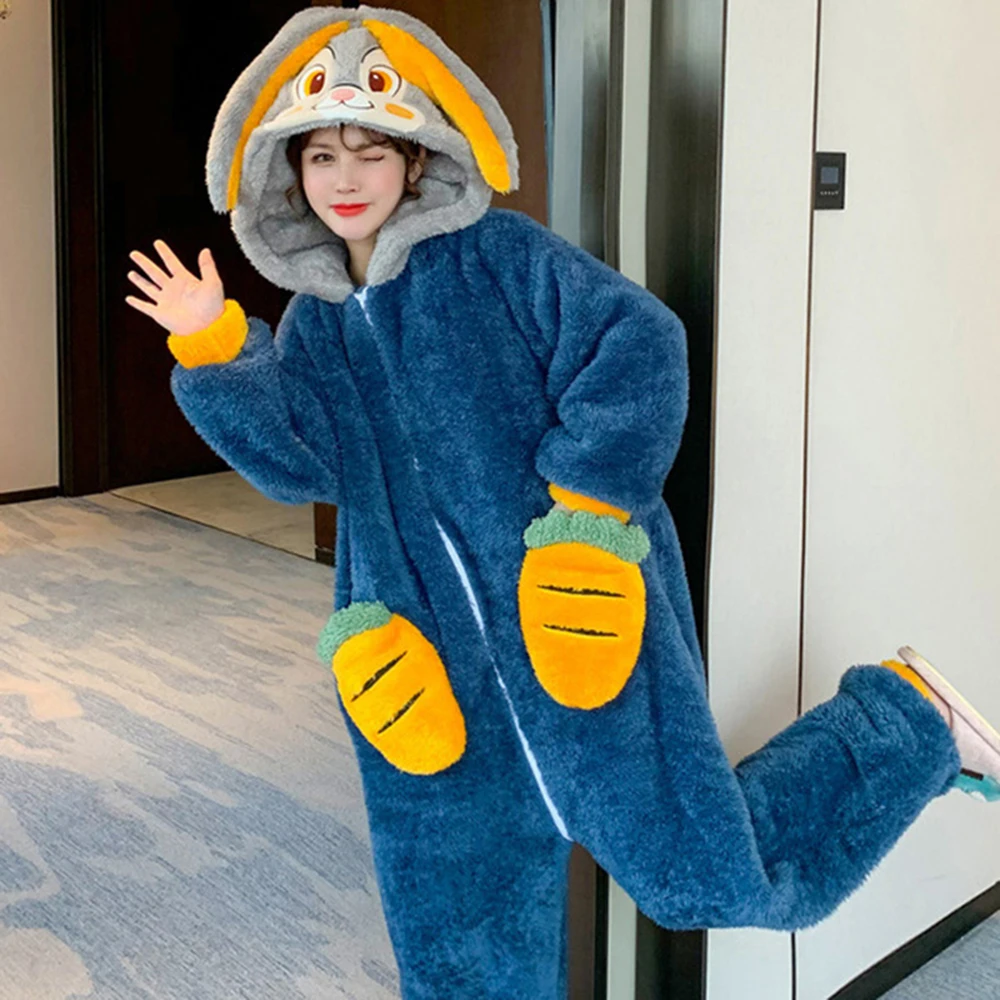 Navy Carrot Rabbit Jumpsuit Flannel Homewear Kigurumi For Women Adults Casual Loungewear Long Sleeve Fluffy Pajamas Nightgown