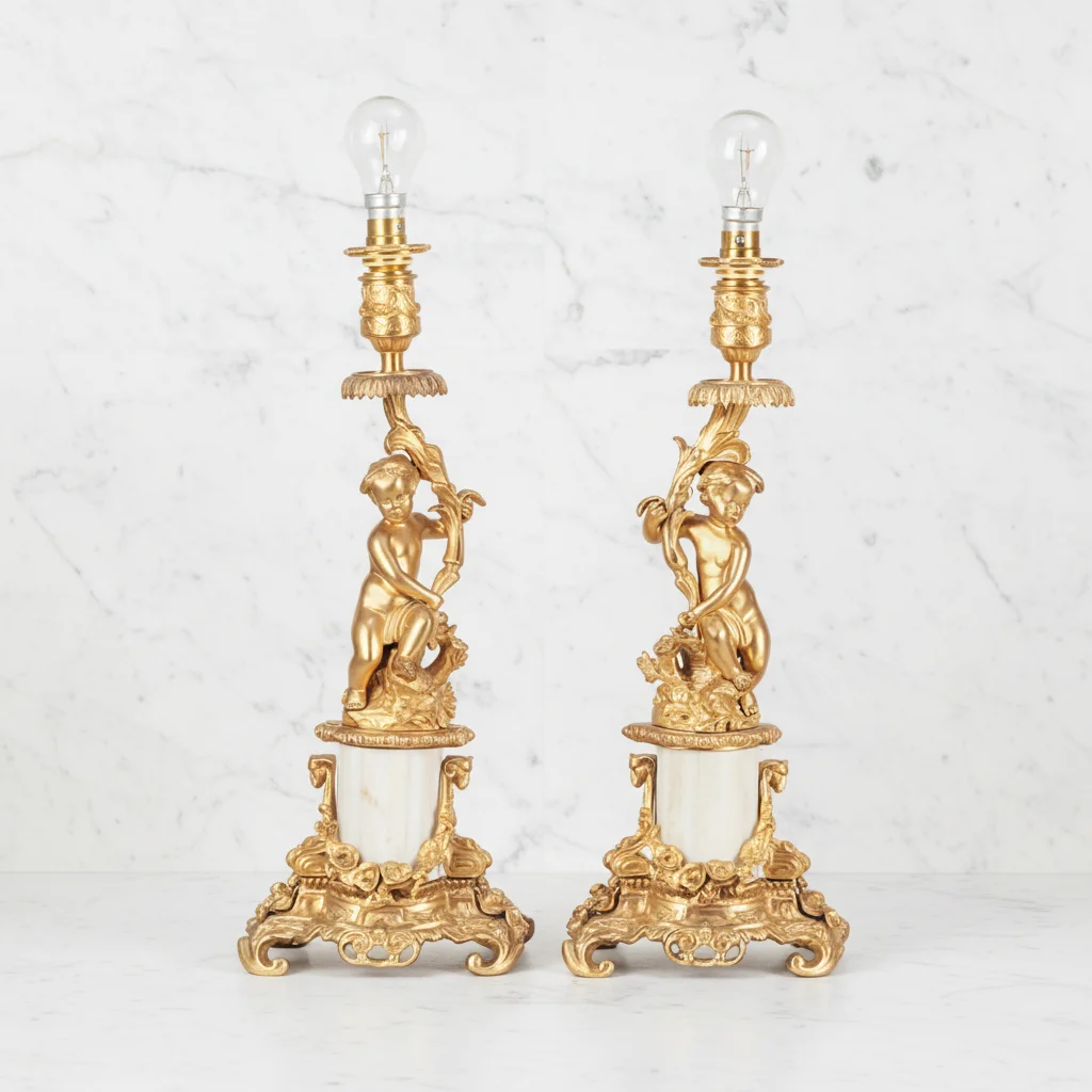 A pair of Rococo style gold-plated Cupid statues, brass Olmo copper alloy and marble dining table lamp candlesticks