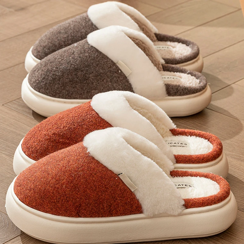 Winter Home Thick Bottom Plush Warm Cotton Slides Simple Comfort Soft Non Slip Couple Slippers Indoor Faux Suede Floor Slippers