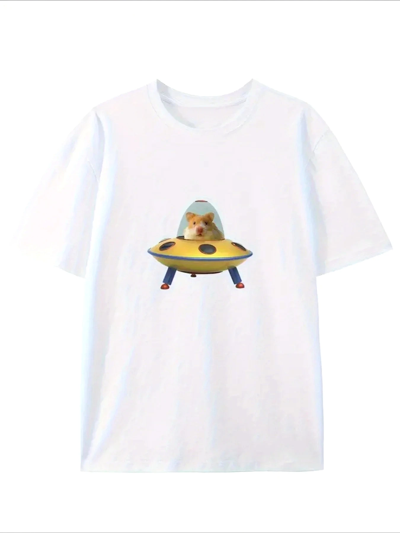 Cute Hamster Pilot UFO Graphic T-Shirt Women Space Adventure Print Tee Harajuku Short Sleeve Casual Fashion Streetwear Y2k Tops