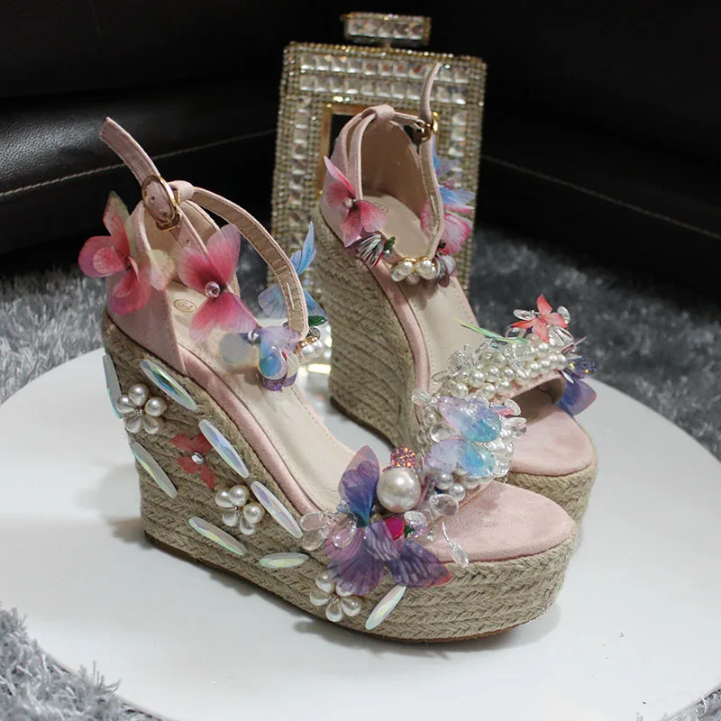 

Beauty Multi Butterfly Flower Rope Braided Wedge Heels Sandals Woman Pearl Platform Crystal Peep Toe Beach Sandalias Shoes