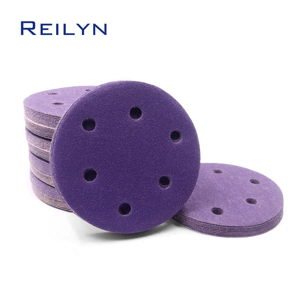 10pcs 5inch 125mm purple Sandpaper Pad 6Hole Flocking Sand Paper Polishing Disc for Angle Grinder Car Wood Grinding Tool