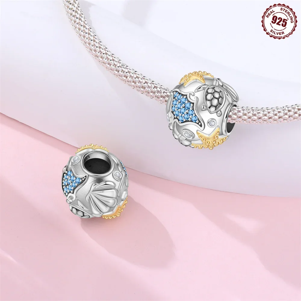 Original Ocean Charms 925 Silver Seawaves Love Pendant Starfish Color Fishtail Turtle Beads Fit DIY Bracelet Women Jewelry Gift
