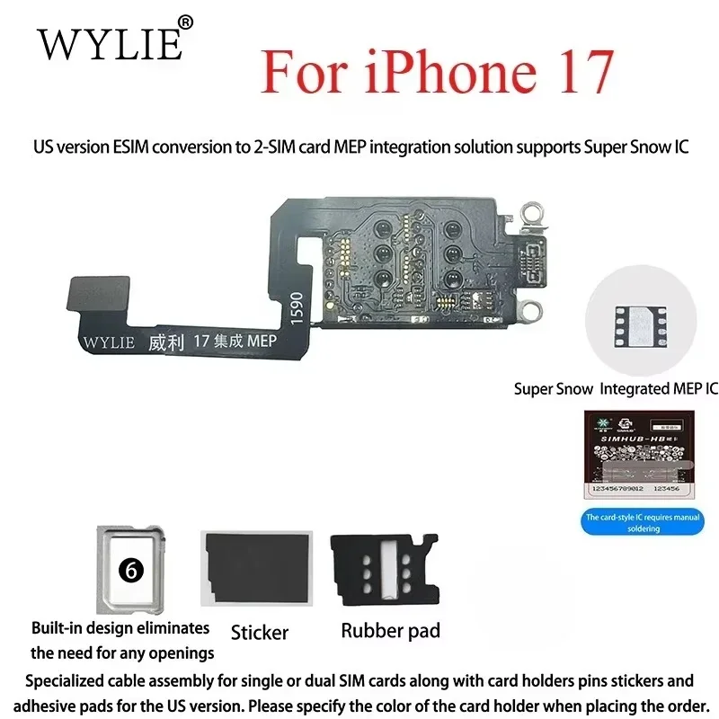WYLIE For iPhone 17 US Version ESlM Conversion To Dual SlM Cards MEP Integration Solution With Heicard IC Support Built-in Cable