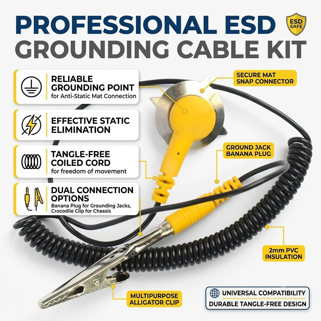 ESD Grounding Wire Anti Static Cable With Banana Plug Crocodile Clip Tangle Free 2mm PVC For Anti Static Table Mat Workmat