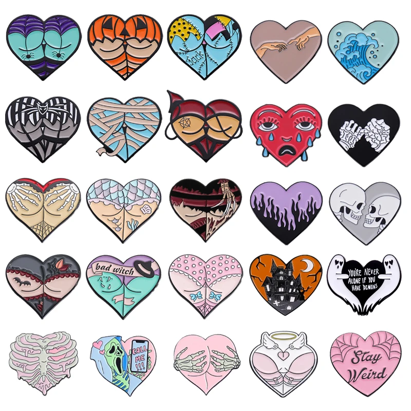 Halloween Heart Enamel Pins Sexy Butt Demon Pumpkin Spider Vampire Alloy Brooch Badge Trendy Fun Lapel Jewelry Gift For Friends