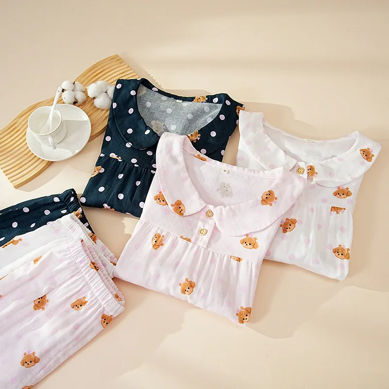 Pure Cotton Double Layer Sleepwear Suit Women's Spring/Autumn Long Sleeve Top and Bottom Set Bear Polka Dot Puff Pajama Sets