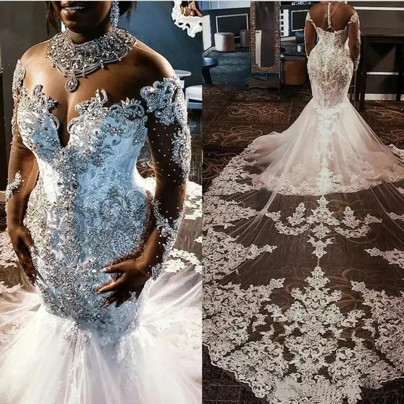 

Luxury Weddding Dresse Mermaid High Neck Long Sleeve Big Train Tulle Lace Crystal Beaded Diamonds Sexy Bridal Gowns SD98M