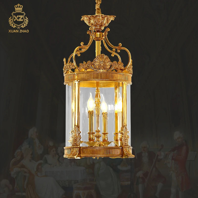 Candelabro artístico de cobre de estilo francés con pantalla de lámpara de cristal, luz colgante de jaula de pájaros de latón de Hotel de lujo europeo