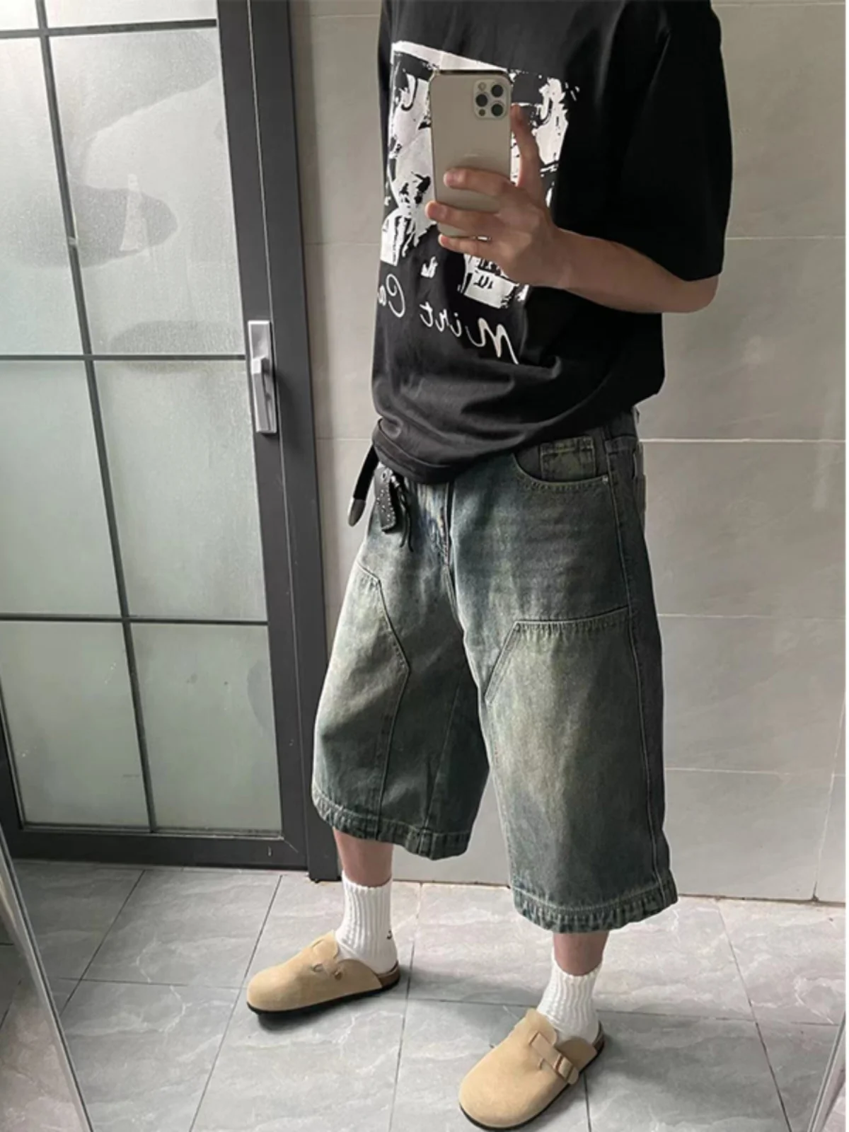 

Ретро-джинсовые шорты синего цвета для мужчин, летние, в американском уличном стиле, рабочие брюки-карпентеры, крутые уличные джинсы-бриджи (7/8 длины)