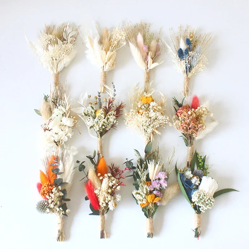 Natural Dry Flowers Bouquet 1pc Mini Boutonnieres Groomsmen Buttonholes Bridesmaid Flower Corsage Brooch Christmas Wedding Decor